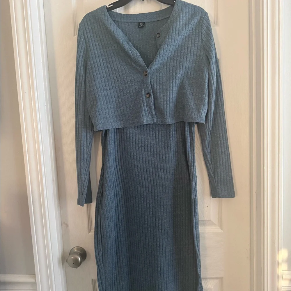 Blue Ribbed Button-Front Bodycon Dress - Picture 2 of 3